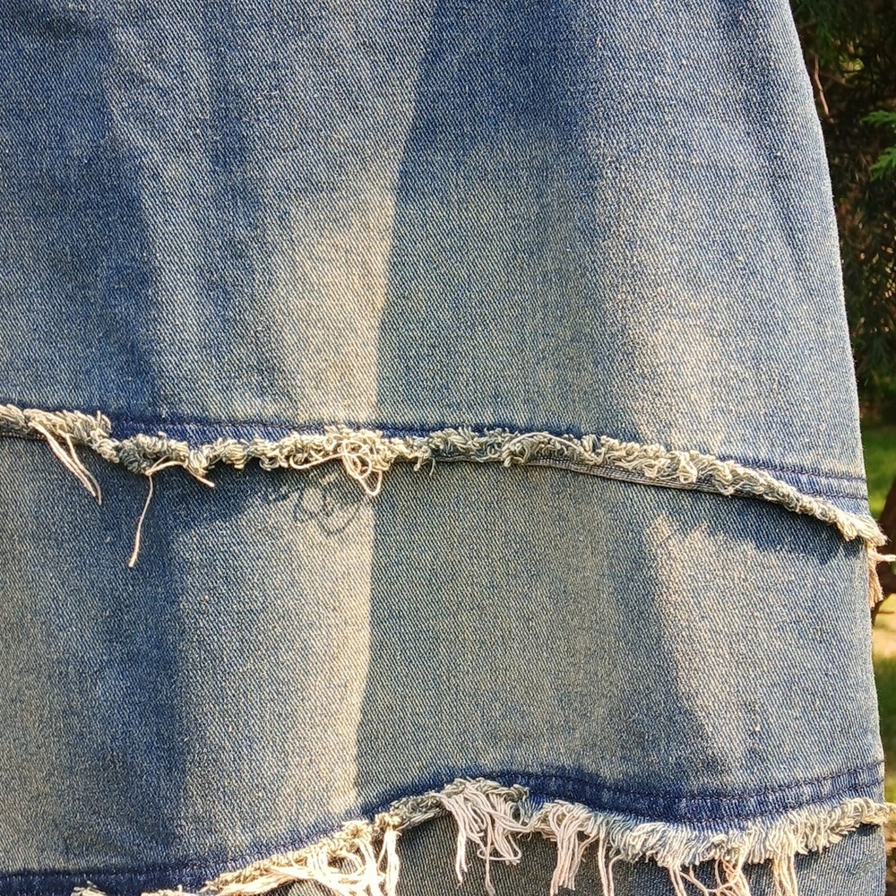 Distressed Long Denim Fringe Skirt Size M - Picture 4 of 12
